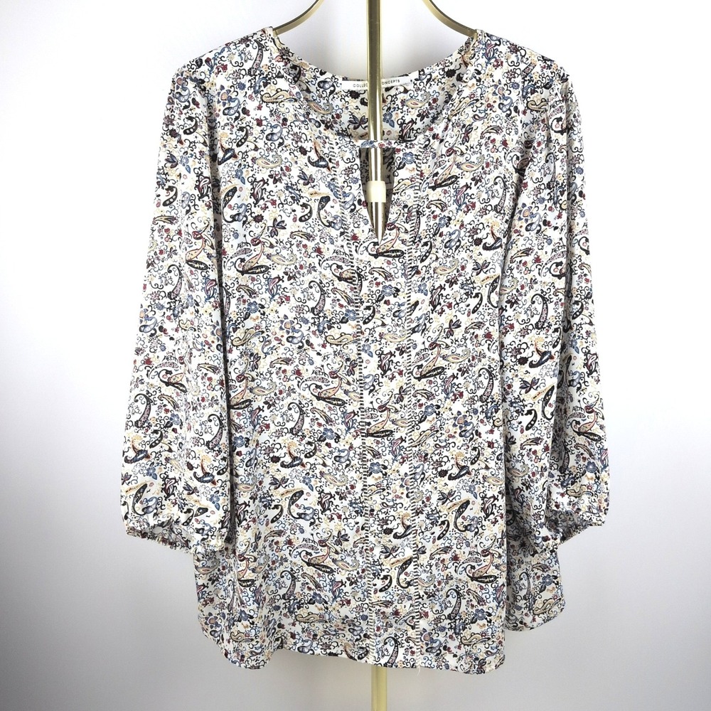 Collective Concepts Women 2X Blouse Paisley Floral V-Neck 3/4 Sleeve Multi-Color